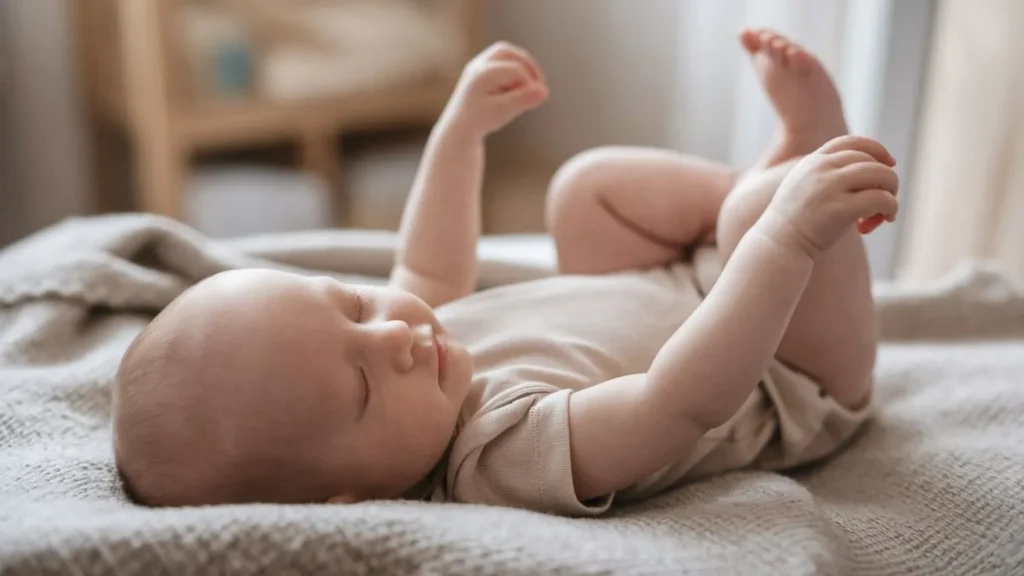 Illustration of Moro reflex response - Infant sleeping with arms up explaining why do newborns sleep with their arms up.