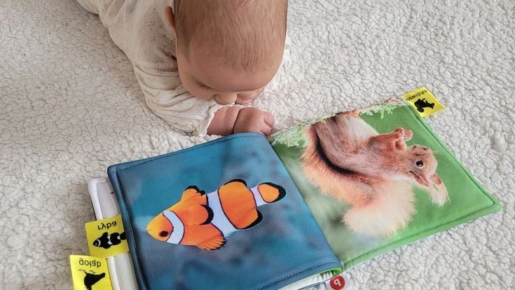 A baby lying on a soft surface curiously looks at a colorful fabric book featuring a clownfish and a squirrel, engaging in early learning and exploration.