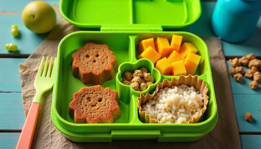 10. Lentil Patties, Brown Rice, and Mango Cubes