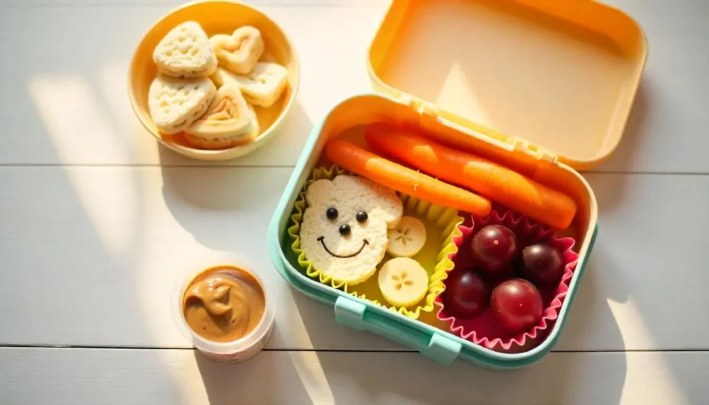 7. Rice Cakes with Sunflower Butter, Carrot Sticks & Grapes